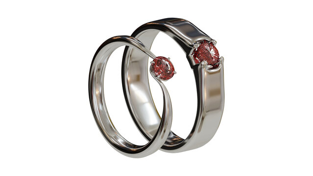 Elegant silver wedding rings with red gemstones, luxury bridal jewelry set on white background, polished platinum engagement bands with ruby stones