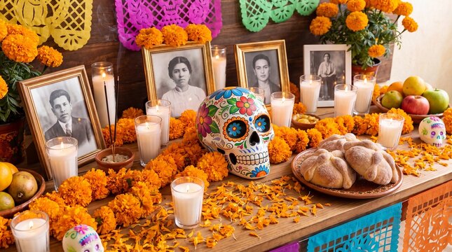 A traditional altar with marigold flowers, burning candles, framed photos, a sugar skull, and pan de muerto. Mexican culture, Dia de los Muertos, Day of the Dead, family