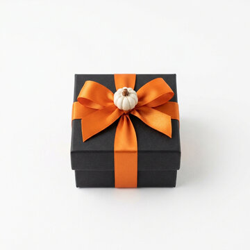 A matte black square gift box wrapped with a bright orange satin ribbon bow and topped with a small white pumpkin ornament, isolated on a white background.