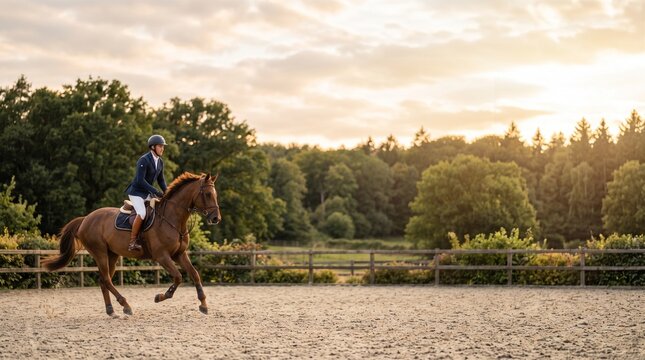 Professional equestrian rider in protective helmet trotting a brown horse in an outdoor riding arena during golden hour