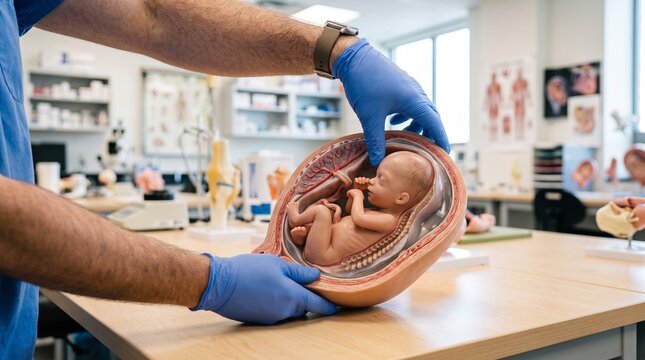 Medical professional holding a detailed plastic anatomical fetus model inside a bright modern clinical research laboratory