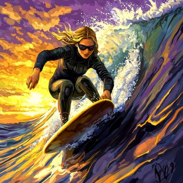Dynamic Surfer Riding Golden Wave at Sunset Digital Art