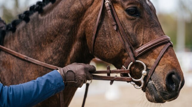 Equestrian rider holding leather reins adjusting horse bridle in stable setting with natural lighting