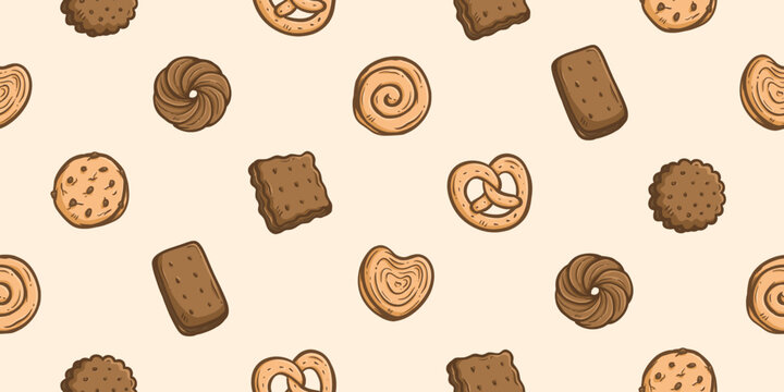 Cookies doodle background. Biscuit pattern background. Chocolate chip cookies seamless pattern. Crackers hand drawn pattern with various shapes. Dessert and snack background for packaging.