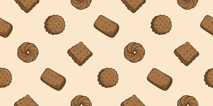 Cookies doodle background. Biscuit pattern background. Chocolate chip cookies seamless pattern. Crackers hand drawn pattern with various shapes. Dessert and snack background for packaging.