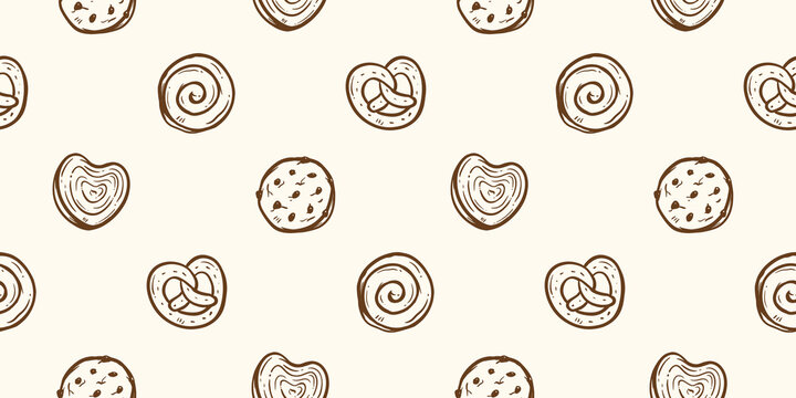 Cookies doodle background. Biscuit pattern background. Chocolate chip cookies seamless pattern. Crackers hand drawn pattern with various shapes. Dessert and snack background for packaging.
