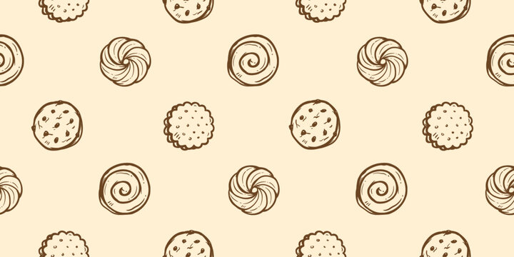 Cookies doodle background. Biscuit pattern background. Chocolate chip cookies seamless pattern. Crackers hand drawn pattern with various shapes. Dessert and snack background for packaging.