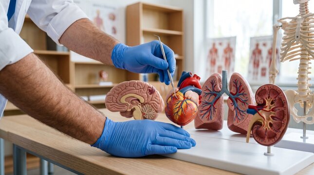 Medical professional examining anatomical heart model with blue gloves in a bright educational science laboratory classroom