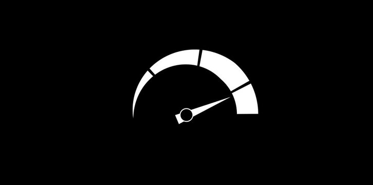 Speedometer animated black gauge needle accelerating to max speed on 4k white background