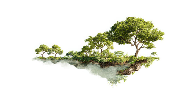 Floating island with lush green trees and realistic terrain levitates against a clean transparent background representing ecological harmony and fantasy landscapes.