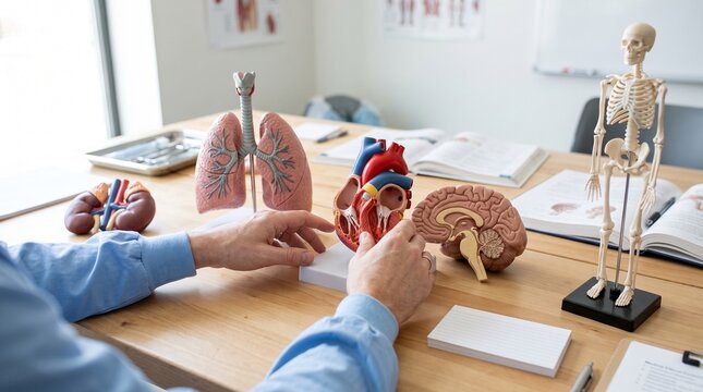 Medical professional examines detailed anatomical human heart model during a clinical education session in bright office