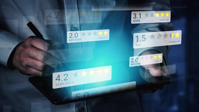 Digital Interaction with Star Ratings and Feedback Scores on Tablet Device Representing Customer Reviews and User Experience Analysis in Modern Technology Gluon.