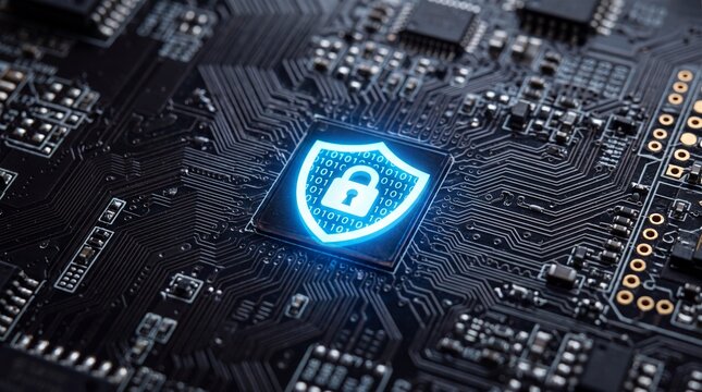 Computer motherboard with glowing blue security shield and padlock on central processor chip, representing hardware cybersecurity, data encryption and information protection.