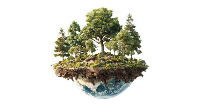 Earth globe floating with a lush forest ecosystem containing diverse trees and soil layers representing environmental conservation and natural world balance.