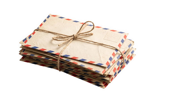 Stack of vintage airmail envelopes tied together with twine