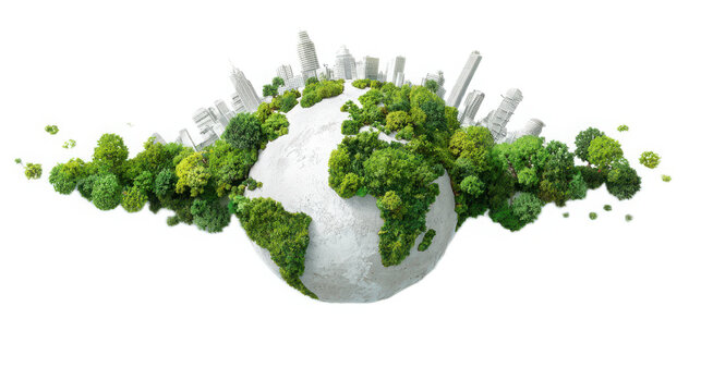 Planet earth globe completely covered in green moss and miniature white city buildings isolated on transparent background.