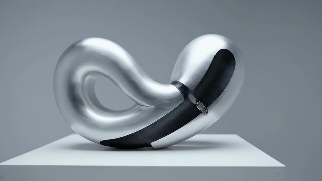 Polished aluminum abstract sculpture on pedestal