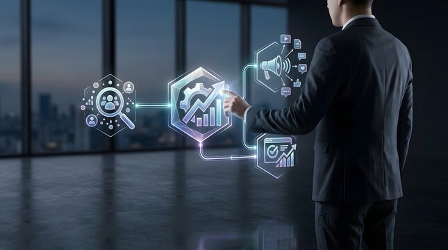 Businessman looking at futuristic data visualization projected from a window in a city