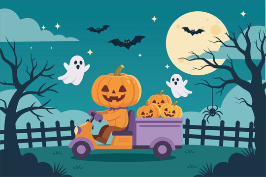 Halloween pumpkin character riding scooter with pumpkins, ghosts, and bats in flat 2D style. Vector illustration for holiday scene.