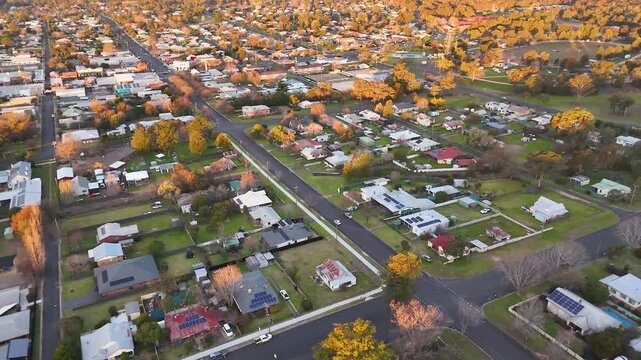 Aerial View of Suburban Residential Neighborhood at Golden Hour
