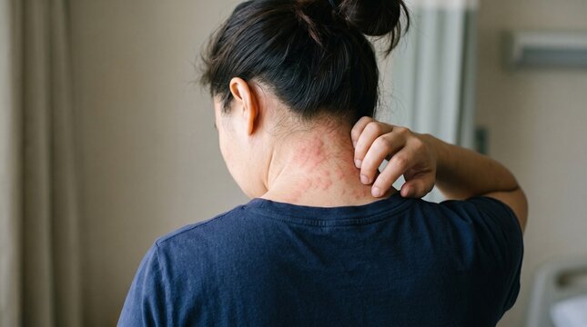 Woman scratching her neck due to an allergic reaction or skin irritation, showing red, inflamed skin.