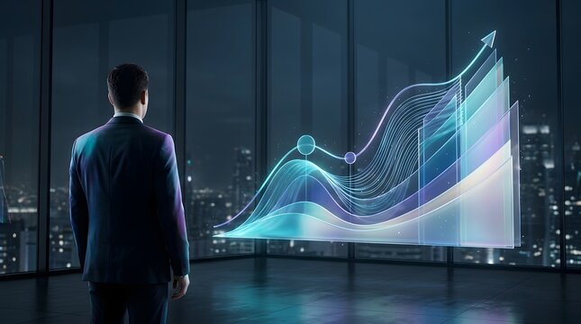 Man observing complex data visualization projected from a futuristic digital display