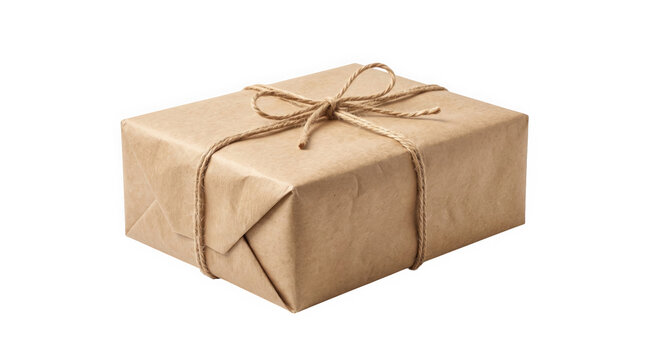 A brown paper gift box tied with rustic twine string