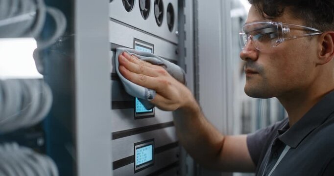 Adhering to Strict Occupational Safety Standards, Male Uses Protective Eyewear While Sanitizing Server Cabinet Enclosures. Compliant Facility Management Prevents Dust Buildup and Hardware Degradation.