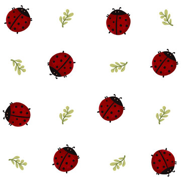 Seamless Pattern Ladybug Nature Plant Insect Life Cute Illustration