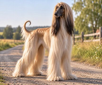 Afghan dog standing gracefully on a sunny country road
