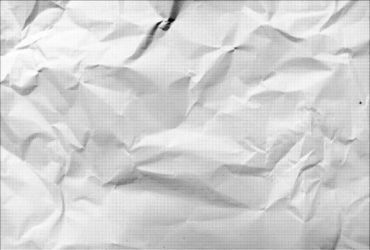 Black dot gradients trace folded, grey crinkled paper creases, gritty halftone overlay, retro crumpled paper texture poster design.