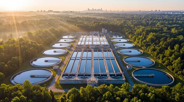 Aerial view of industrial wastewater treatment plant with circular sedimentation tanks and water filtration systems surrounded by lush green forest landscape at sunrise light