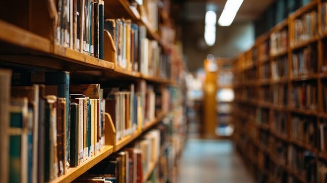 Spacious school library with rows of bookshelves and colorful books, diminishing perspective, shallow depth of field, quiet educational environment for reading, learning, research and academic study