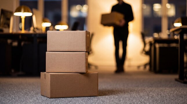 Stacked cardboard boxes in modern office interior with moving workers carrying packages relocation and delivery service concept