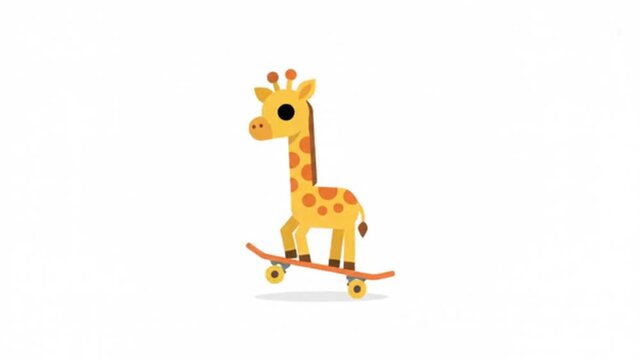 Whimsical flat vector illustration featuring an adorable cartoon giraffe character performing a playful stunt on a skateboard against a clean minimalist white background design element