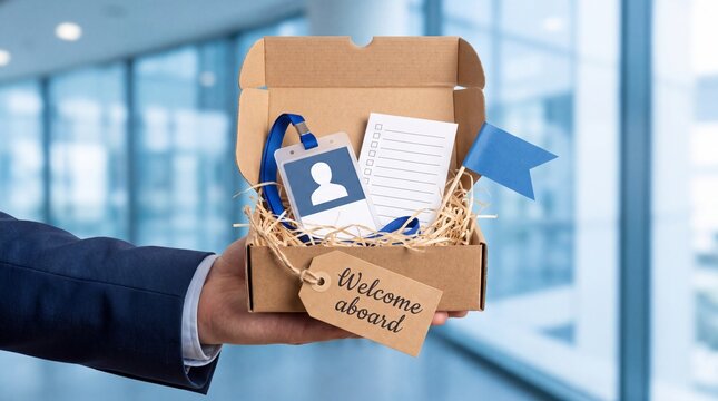 Employee onboarding welcome kit in cardboard box containing identification badge and orientation checklist for new human resources hire