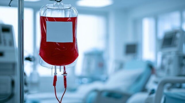 Close-up of red blood bag hanging on IV pole in hospital room with medical equipment and patient bed in background