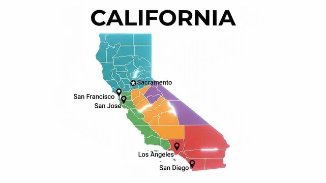 Animated neon light traces California state map with major cities