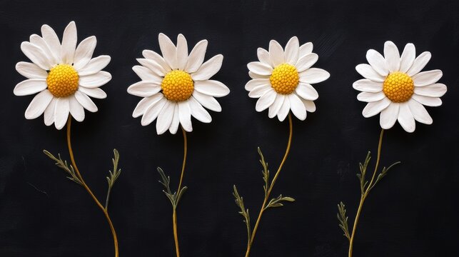 Four white daisies with yellow centers on thin stems against a dark background