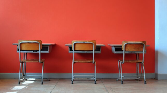 Modern school desks arranged in a bright classroom near a colorful wall, contemporary educational interior with student tables, chairs, vibrant learning environment, clean school furniture and spaciou