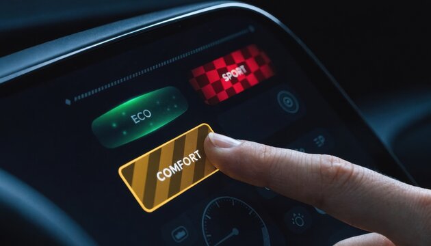Finger presses "comfort" button on a car's digital display