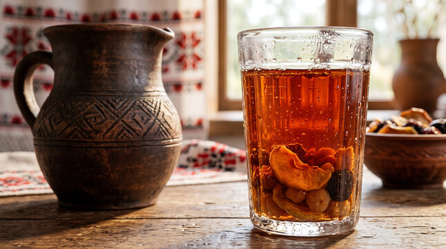 Hyper Realistic 9K Eye Level Macro Close Up Ukrainian Uzvar Dried Fruit Drink with Honey Food Photography