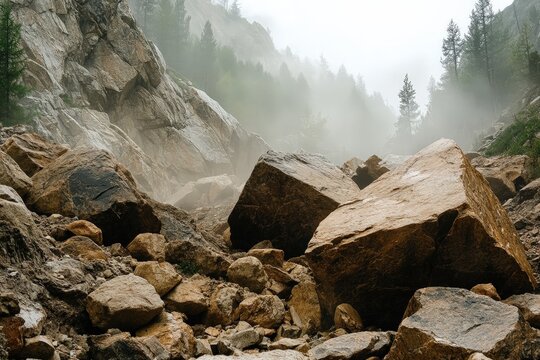 Massive rocks scattered in a mountain ravine after a landslide.