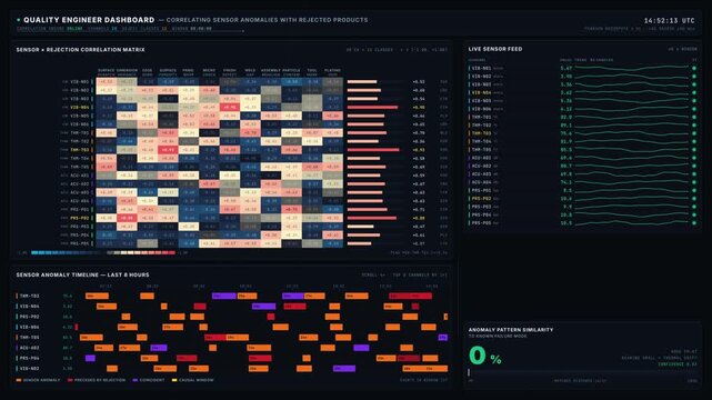 A quality engineer dashboard visually correlates sensor anomalies with rejected products using a heatmap and timeline, showcasing real-time data analysis and insights.