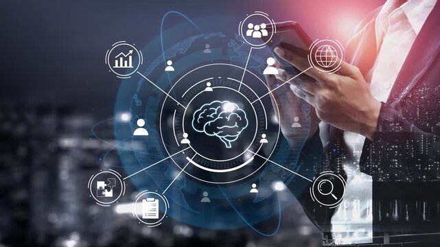 Business professional using mobile device with digital brain concept, data analysis, and technology interface in a modern urban setting at night. Entropy.