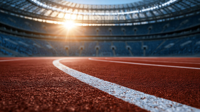 Low angle view of a red running track inside a large stadium at sunset. This image symbolizes competition and athletic victory for sports marketing concepts.