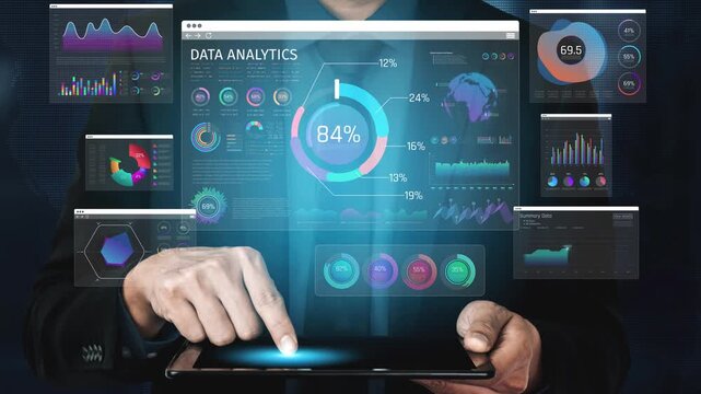 Professional data analytics presentation with futuristic tablet interface and vibrant visual graphs illustrating statistical insights and interactive elements Sigmoid