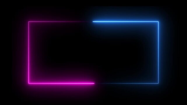 Glowing neon Square Rectangle picture frame icon animation glowing pink and blue color party show seamless footage border frame display neon box line smooth effect on black background	