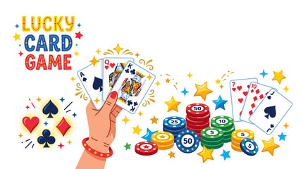 Fototapeta premium Lucky Card Game with Playing Cards, Poker Chips, and Handgestures
