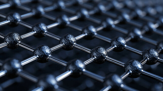Abstract molecular structure of graphene with metallic spheres connected by rods. Perfect for scientific research and nanotechnology conceptual design projects.